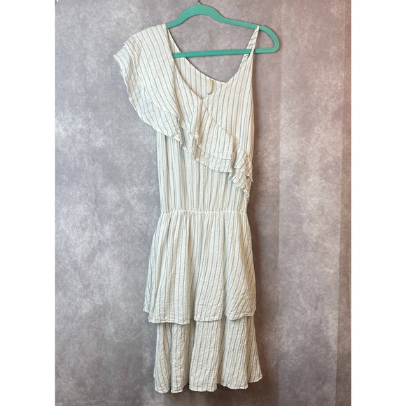 Touche Balneaire Dress Womens Medium 100% Linen Ruffle Tired Blue Cream - Picture 1 of 10